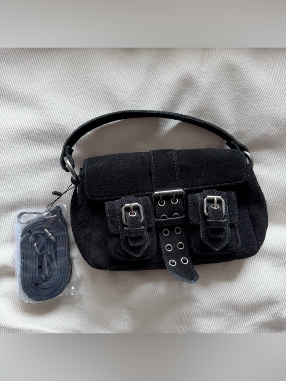 NUNOO Black Honey Suede Mini Shoulder Bag with Buckle Accents